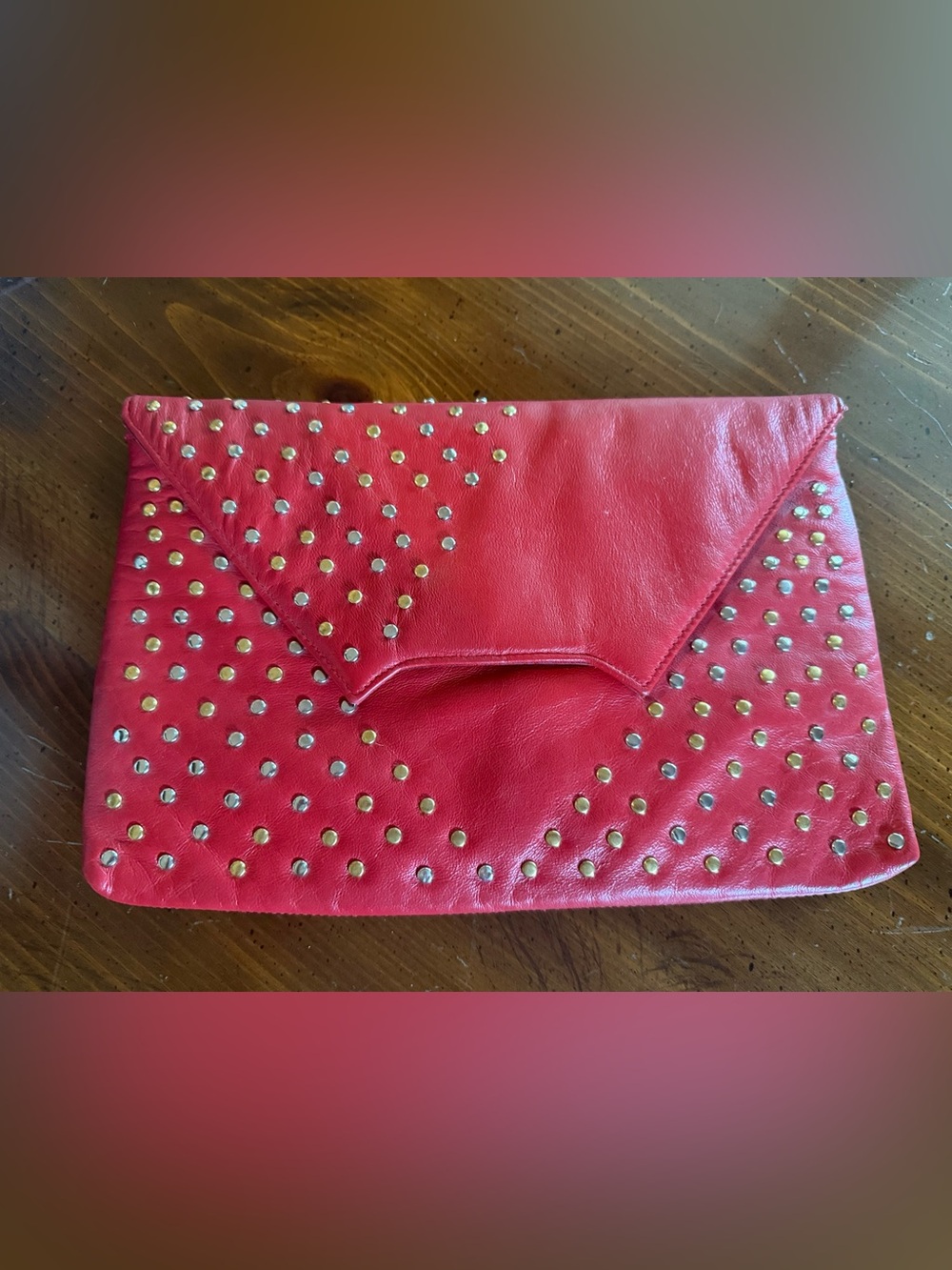 Ruth Saltz Vintage Red Studded Leather Envelope Clutch - Women Bags
